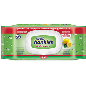Wet Hankies Αντιβακτηριδιακά Υγρά Μαντηλάκια Lemon 72τμχ